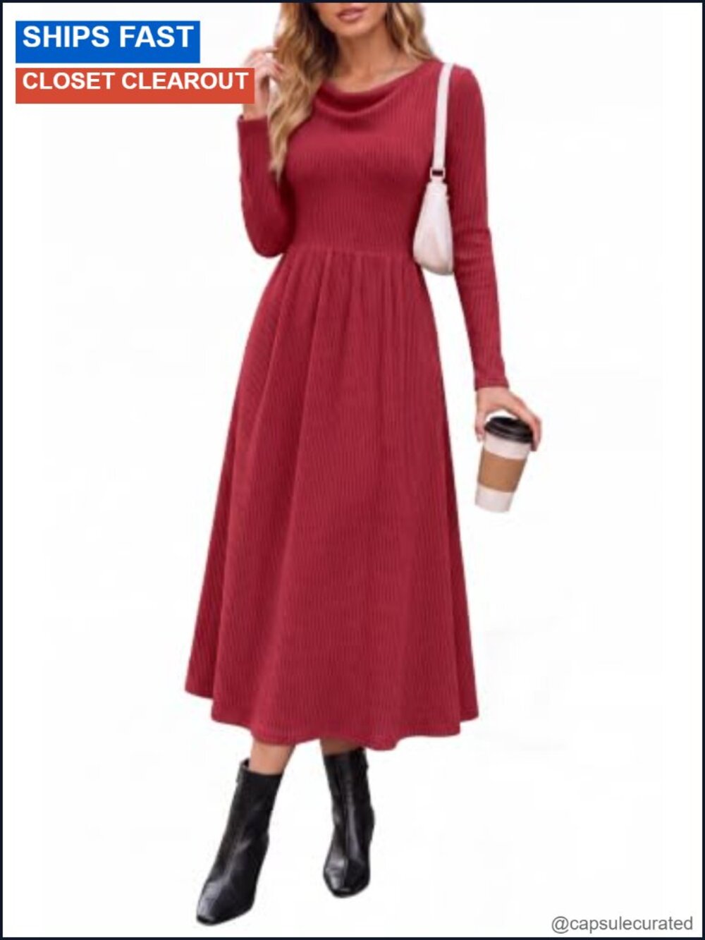 Ribbed Knit Cowl Neck Long Sleeve Midi Dress Fit Flare Pockets